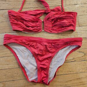 BCBG Bikini Women's Medium Red Bikini Bathing Suit Bandeau Ruched w/Gold Accent